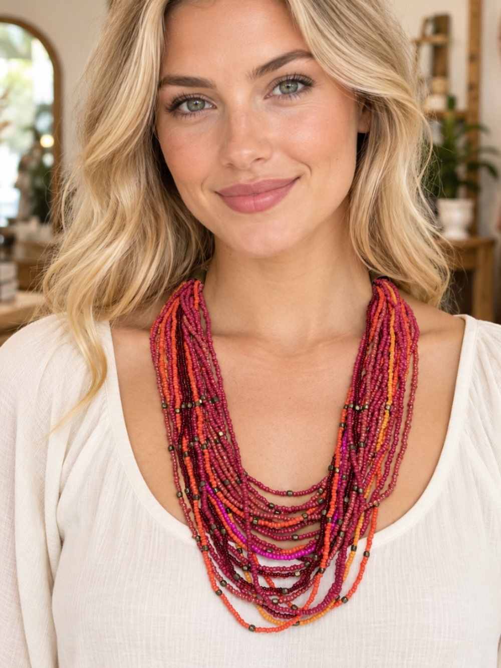 Multi Strand Seed Bead Statement Necklace Pink Orange Burgundy Boho 20 Inch